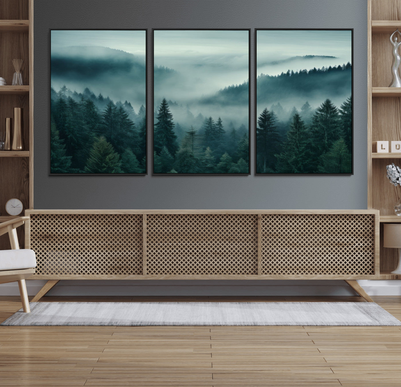 72040-MGV-FC-60X30-3P_Black-Captivating Misty Foggy Forest Wall Art Premium Canvas Print