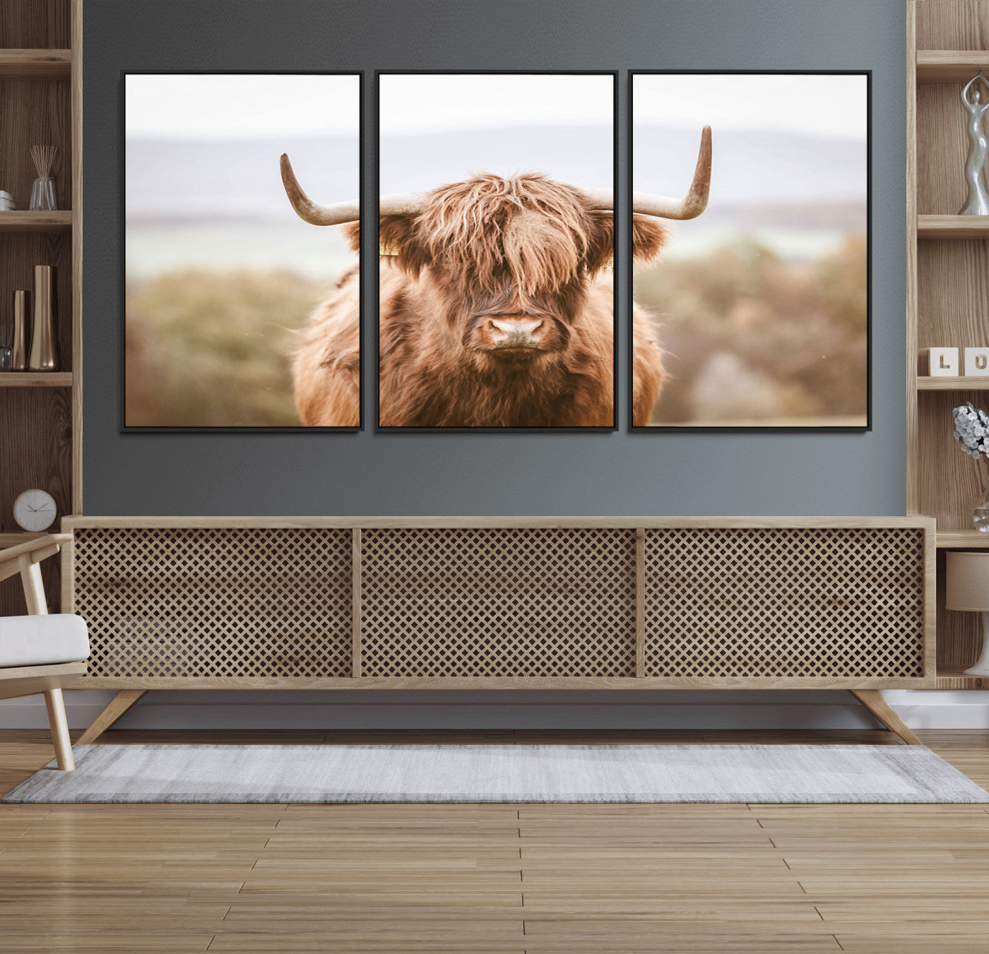 61584-MGV-FC-60X30-3P_Black-Scottish Serene Highland Cow Canvas Wall Art – Serene Highland Cow in Natural Pastel Tones – Ready