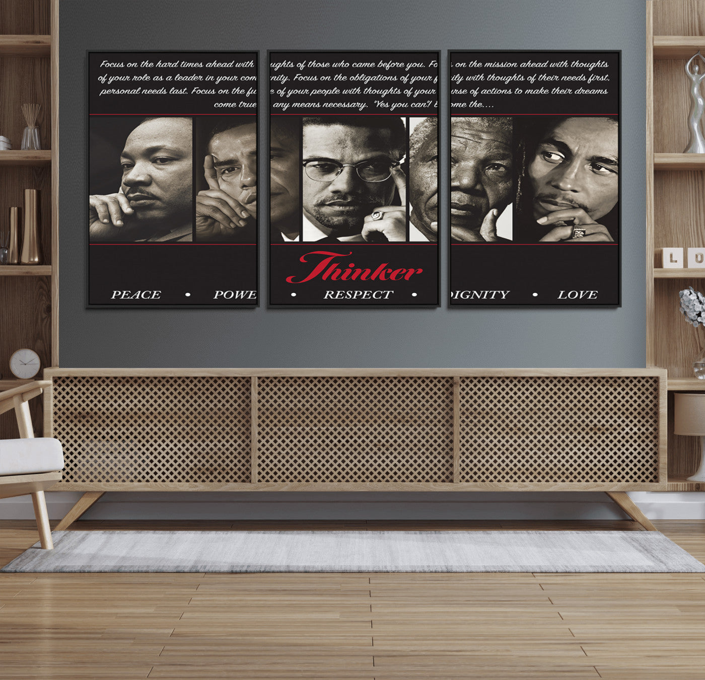 41417-MGV-FC-60X30-3P_Black-Thinkers of Wall Art Canvas Print - Inspirational Wall Art Featuring Icons of Peace, Power, and