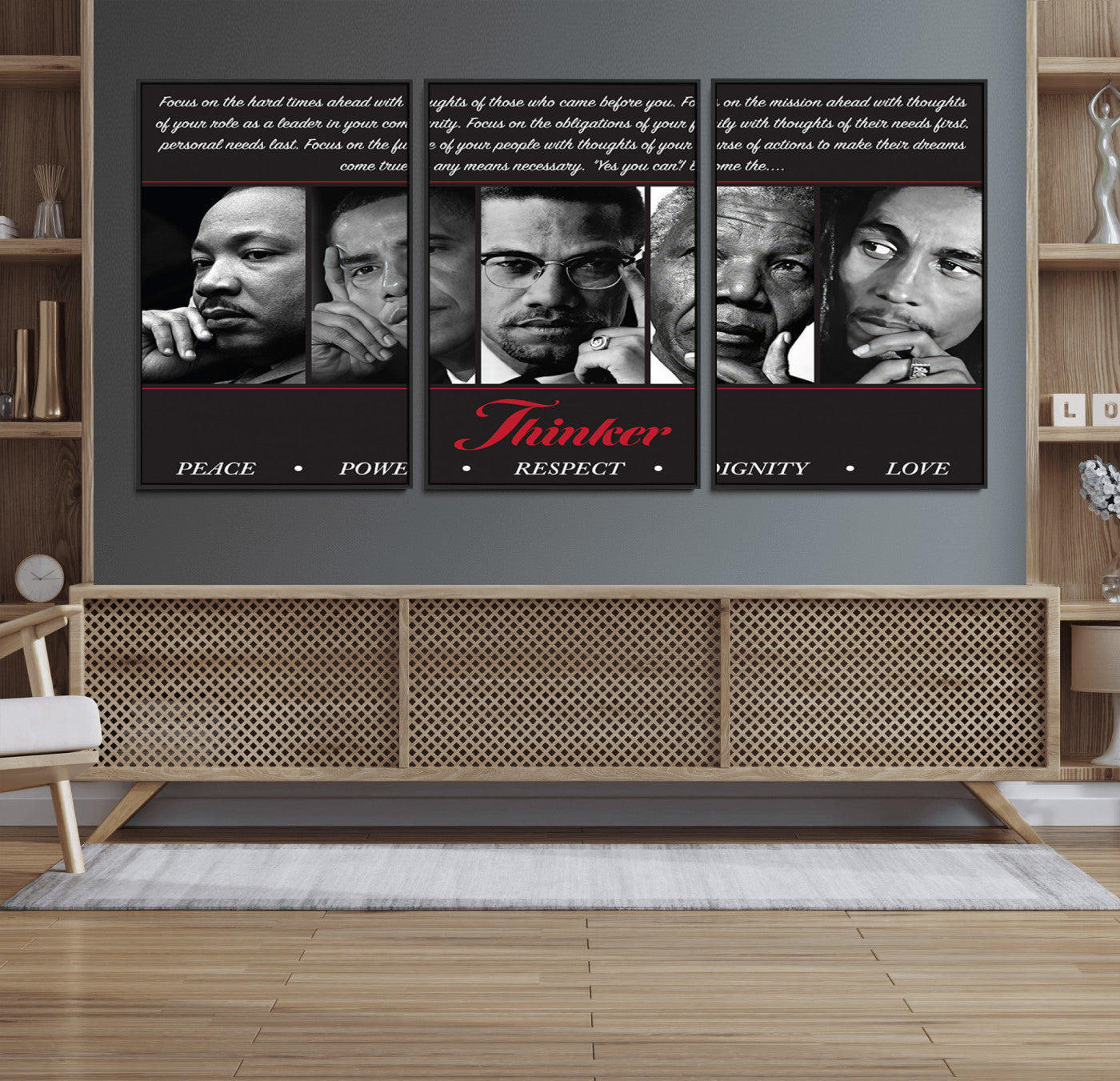 45112-MGV-FC-60X30-3P_Black-Thinker Quintet Canvas Wall Art – Martin, Obama, Malcolm X, Mandela, Marley Featuring Peace, Power,