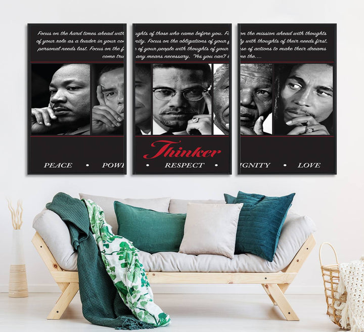 The Thinker Quintet Canvas Wall Art features portraits of Martin, Obama, Malcolm X, Mandela, and Marley, each representing virtues such as Peace and Power.