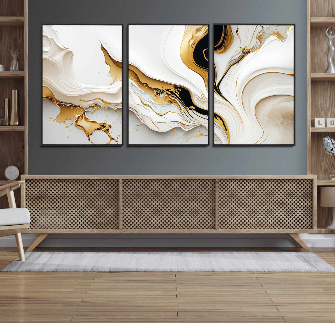 98637-MGV-FC-60X30-3P_Black-Gold Waves on Pure White Canvas – Gold Abstract Art for Modern Interiors | Wall Art Canvas, Framed &