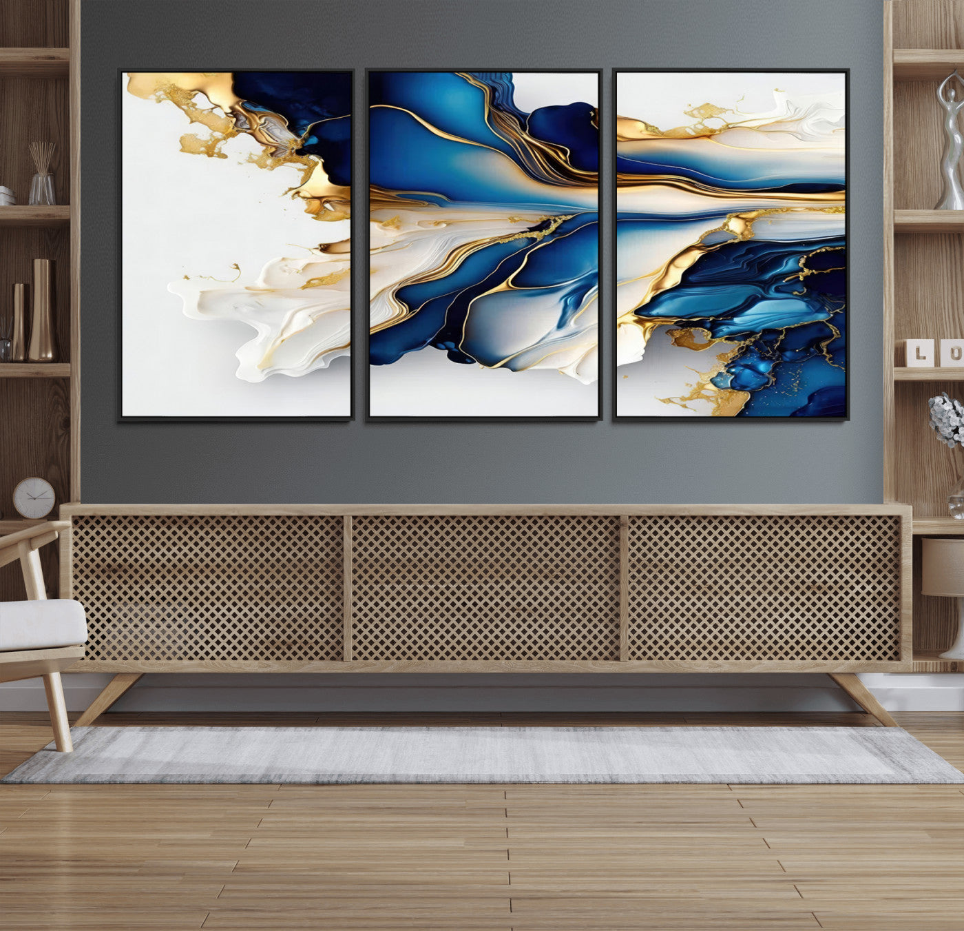 MGV-FC-60X30-3P - Gold Marble Art - Abstract Geode Gold And Blue Marble Shape 3 Pieces Wall Art Canvas Print