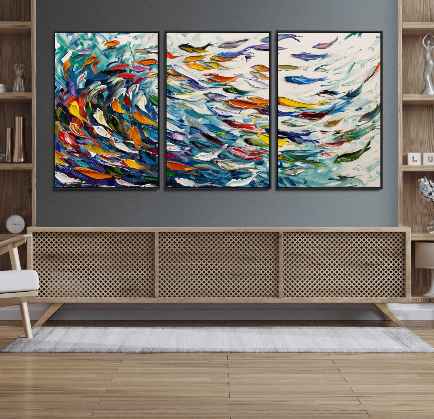 80105-MGV-CV-36X24-Modern Abstract Fish Shoal Wall Art Canvas Print, Colorful Fish Herd Painting on Canvas Print, Ocean