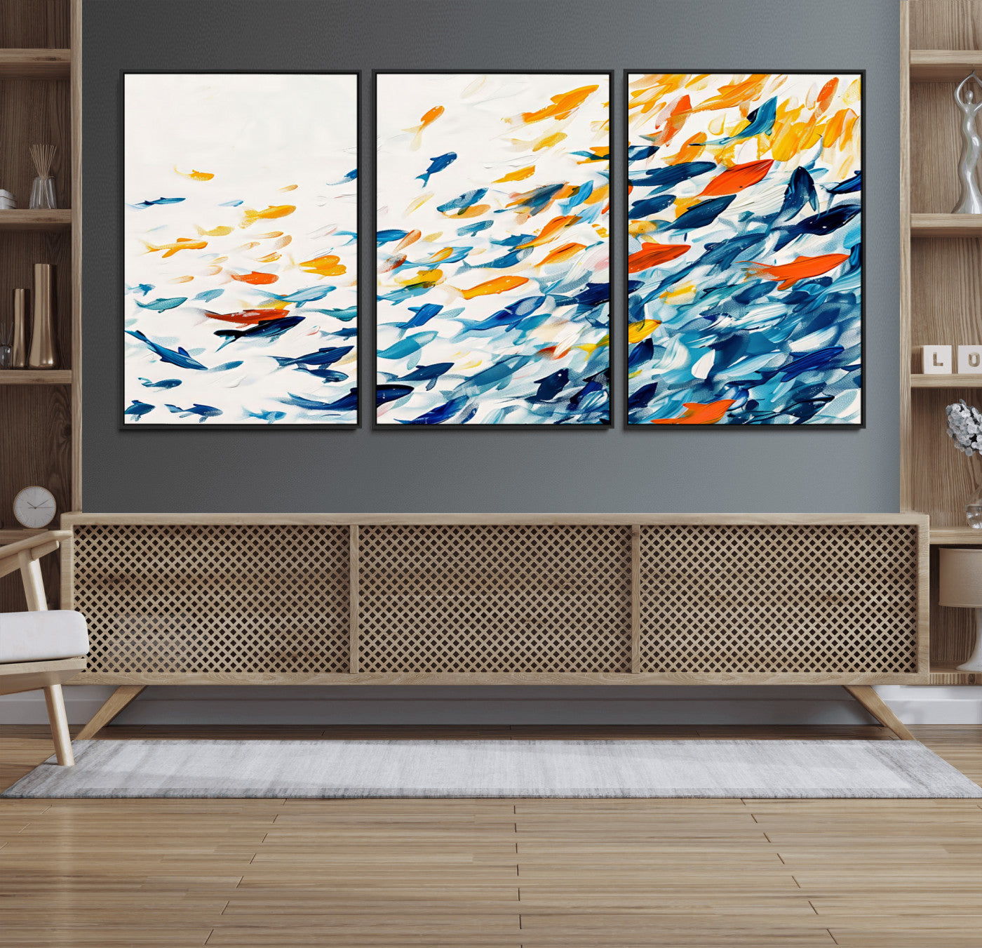 84837-MGV-FC-60X30-3P_Black-Abstract Fish Shoal Wall Art Canvas Print, Colorful Fish Herd Painting on Canvas Print, Ocean Animal