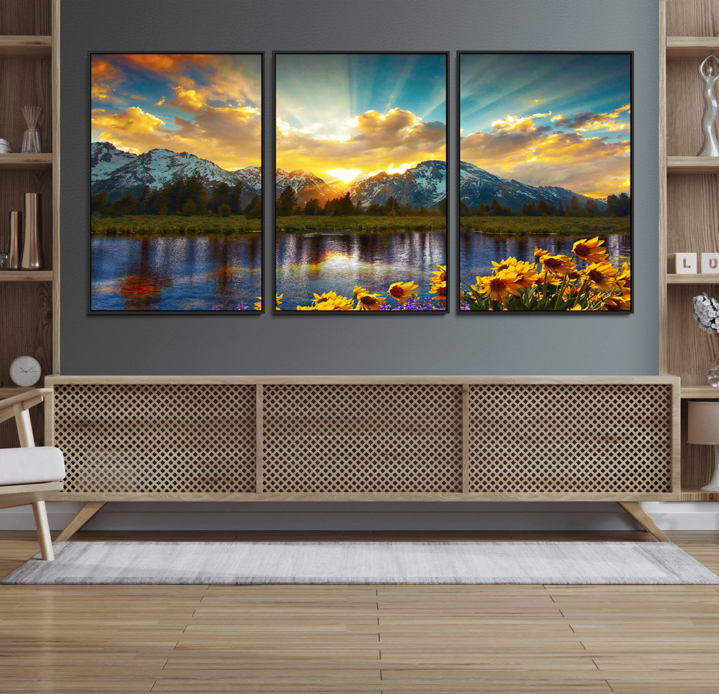 MGV-FC-60X30-3P - Grand Teton Park Amazing Mountain Landscape Sunset Wall Art Canvas Print