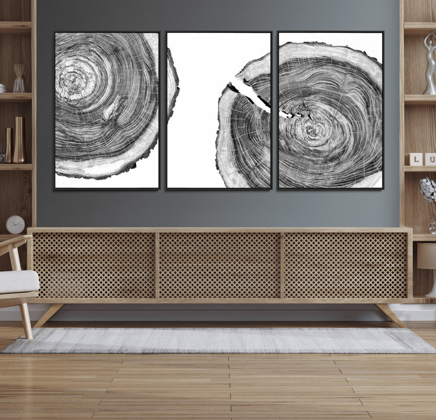 23016-MGV-FC-60X30-3P_Black-Modern Black and White Tree Rings Canvas Wall Art – Nature Inspired Wood Slice Print – Minimalist