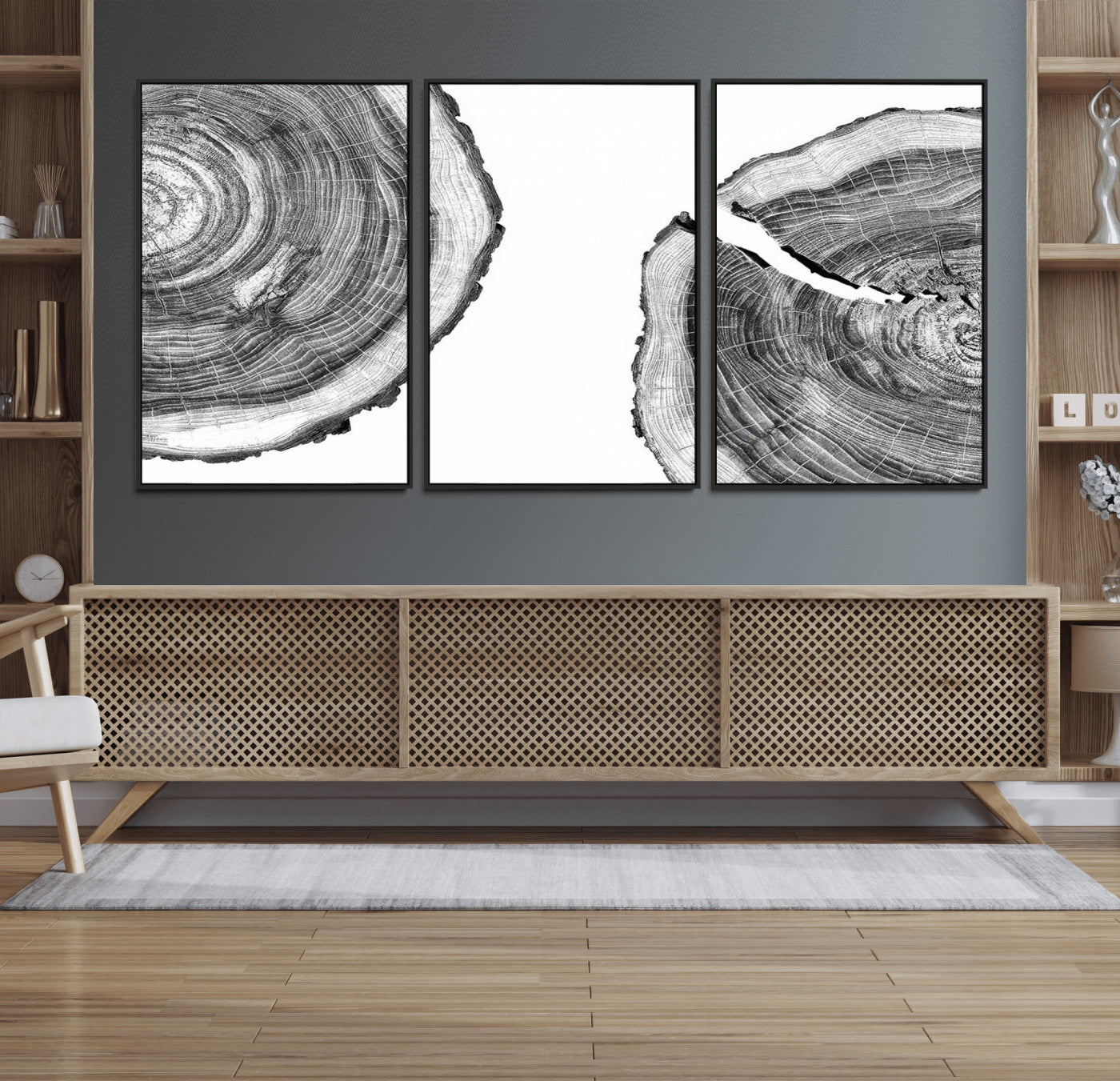 52770-MGV-FC-60X30-3P_Black-Abstract Large Tree Rings – Minimalist Black and White Wood Art | Triptych Canvas, Modern Wall Decor