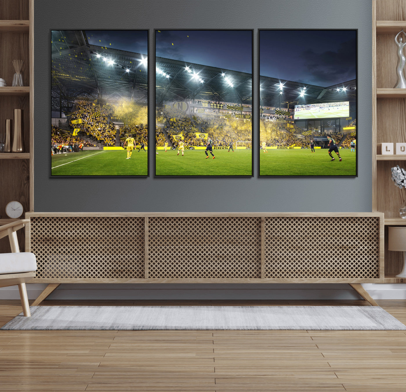 65820-MGV-FC-60X30-3P_Black-Columbus Crew Stadium Match Triple Canvas Wall Art - Dynamic MLS Game Scene Canvas Wall Art