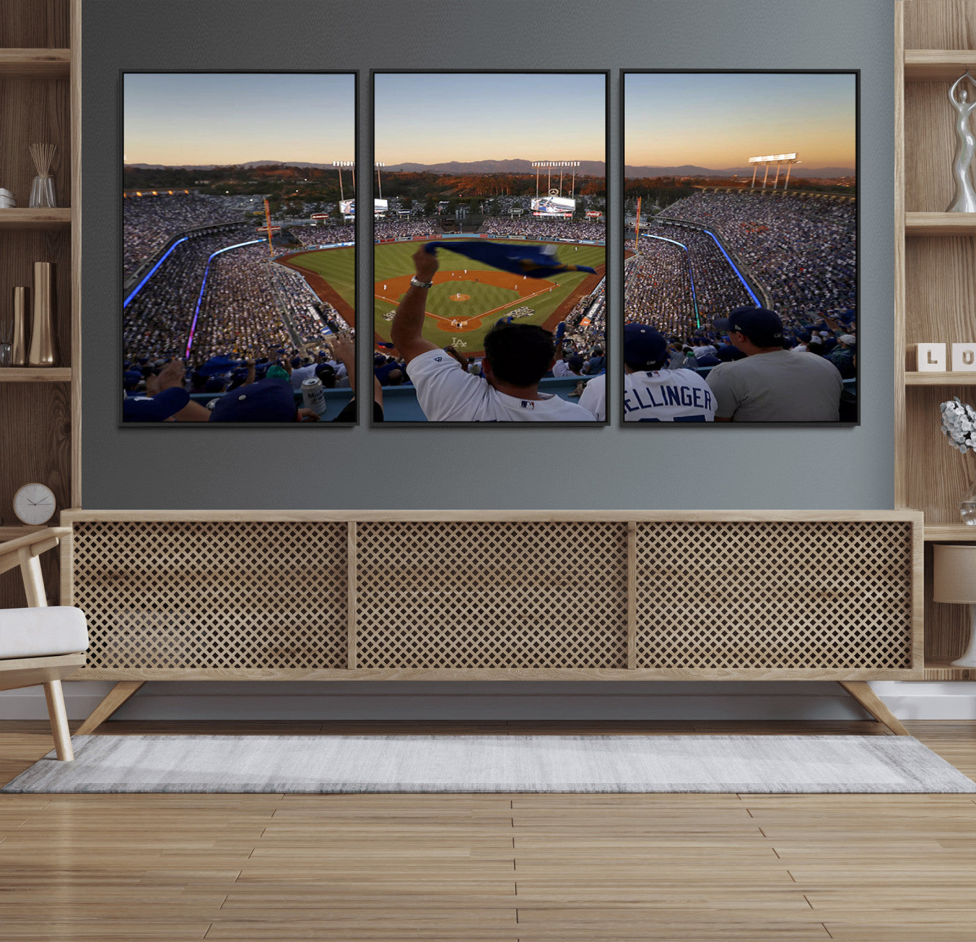 60162-MGV-FC-60X30-3P_Black-Dodger Stadium Sunset Game Triple Canvas Wall Art - Los Angeles Dodgers MLB Match