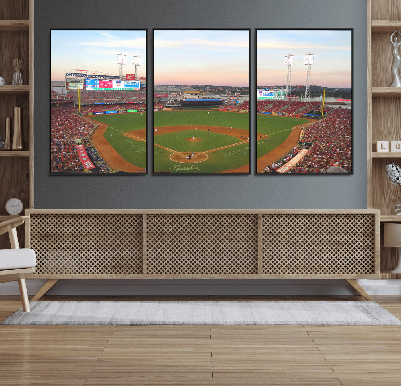 20257-MGV-CV-36X24-Cincinnati Reds Baseball Print Canvas- Cincinnati Great American Ball Park Stadium Wall Art Canvas