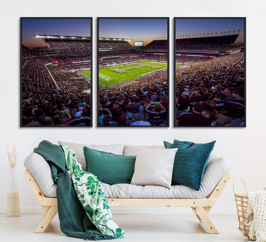 A vibrant canvas print of Texas A&M Aggies at College Stations Kyle Field Stadium captures the energy of fans cheering as the band marches at sunset.