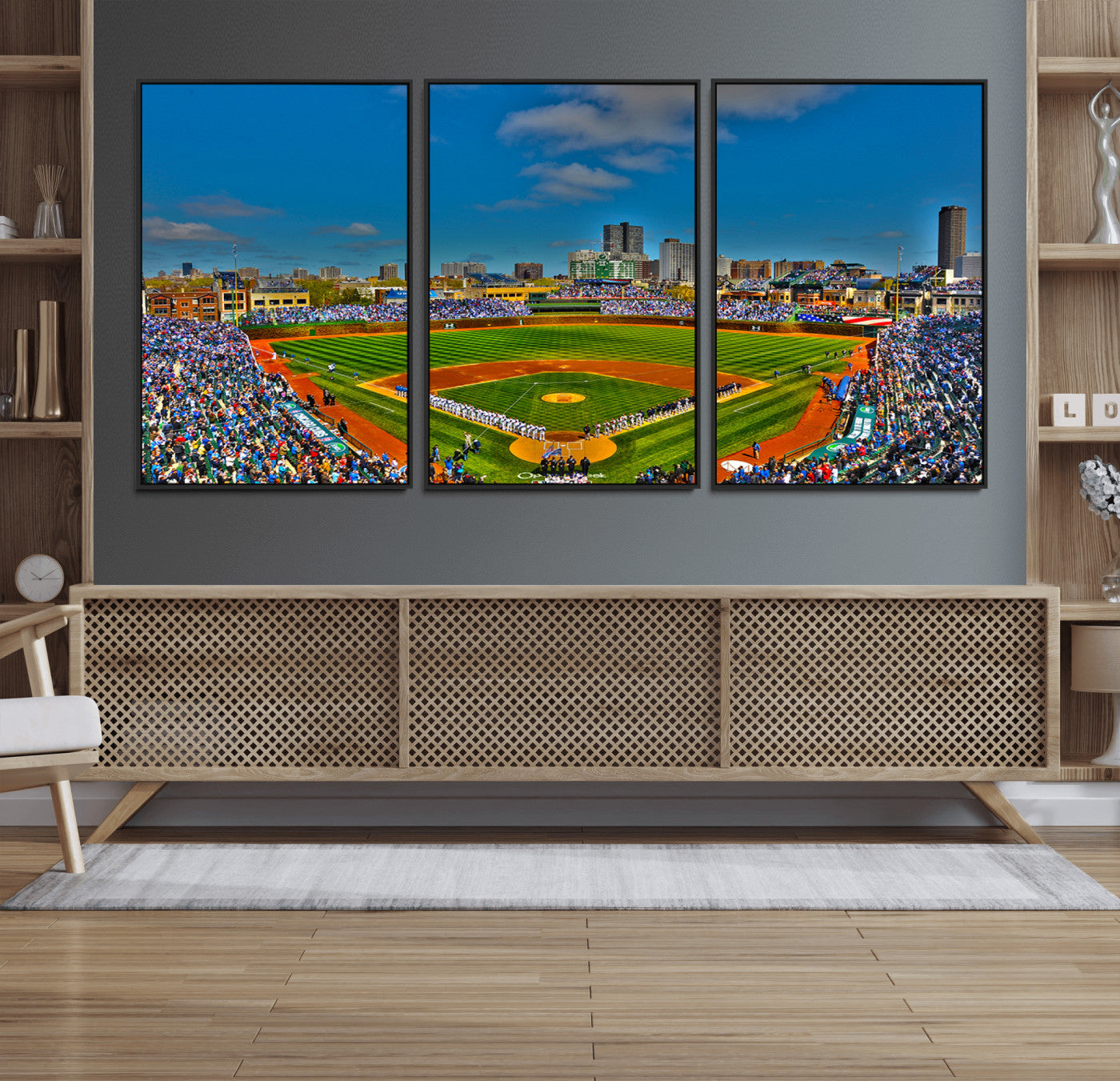 44149-MGV-FC-60X30-3P_Black-Wrigley Field Chicago Cubs Canvas Wall Art - Iconic Baseball Stadium Print for Sports Lovers - Ready