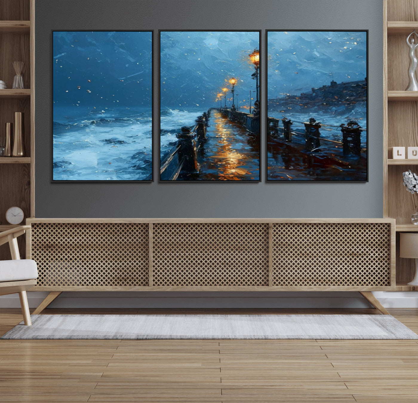 MGV-FC-60X30-3P - Stormy Night at Beach Pier Oil Painting Large Wall Art Print, Framed Canvas Nature Wall Decor,