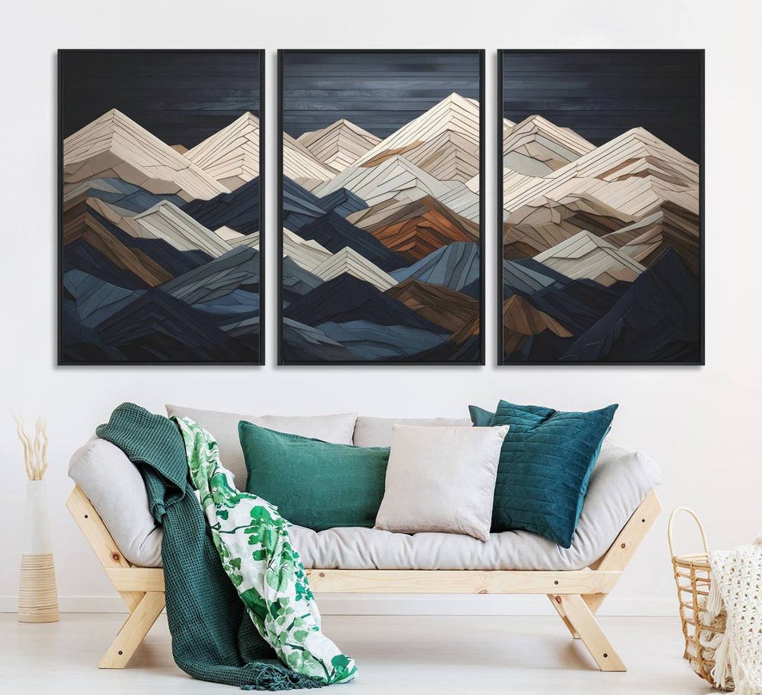 Wood Mountain Range Wall Art - Ready to Hang 3-Piece Set for Modern Rustic Decor, Abstract Wooden Design for Living Rooms Offices