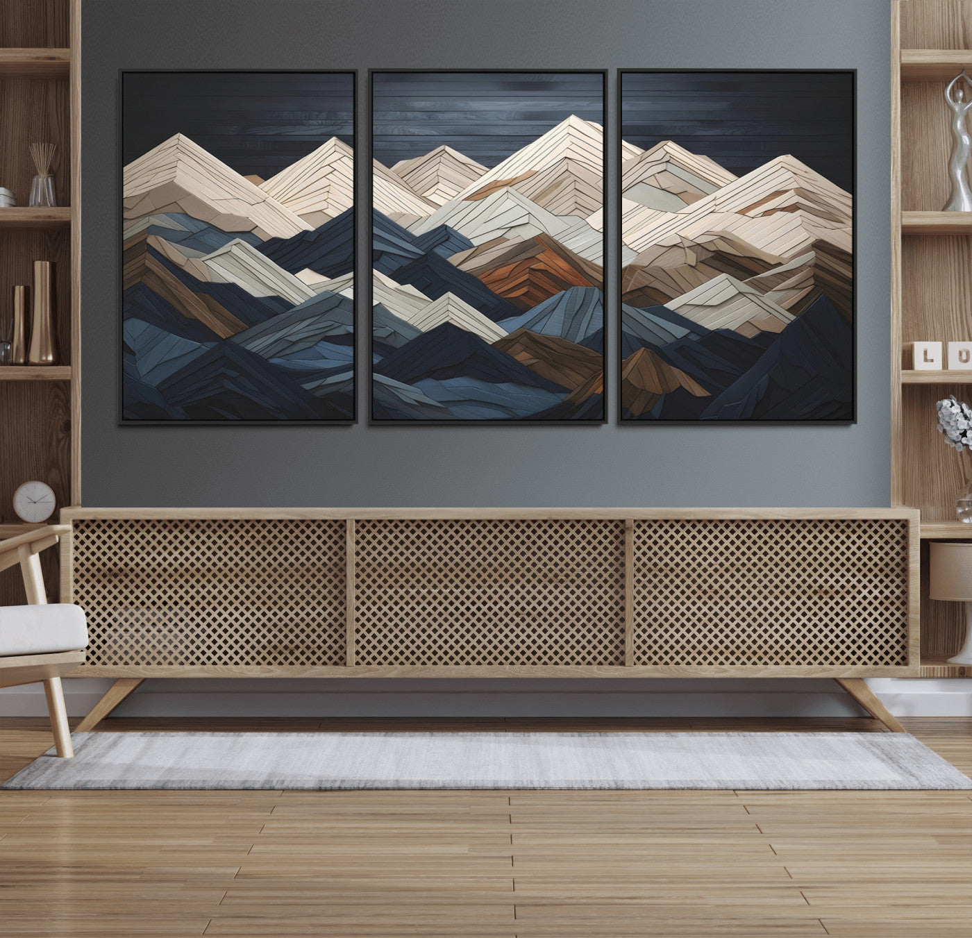 12896-MGV-FC-60X30-3P_Black-Rustic Mountain Landscape Wall Art Canvas Print – Framed 3D Wooden Effect Mountain Nature Artwork for Home, Office