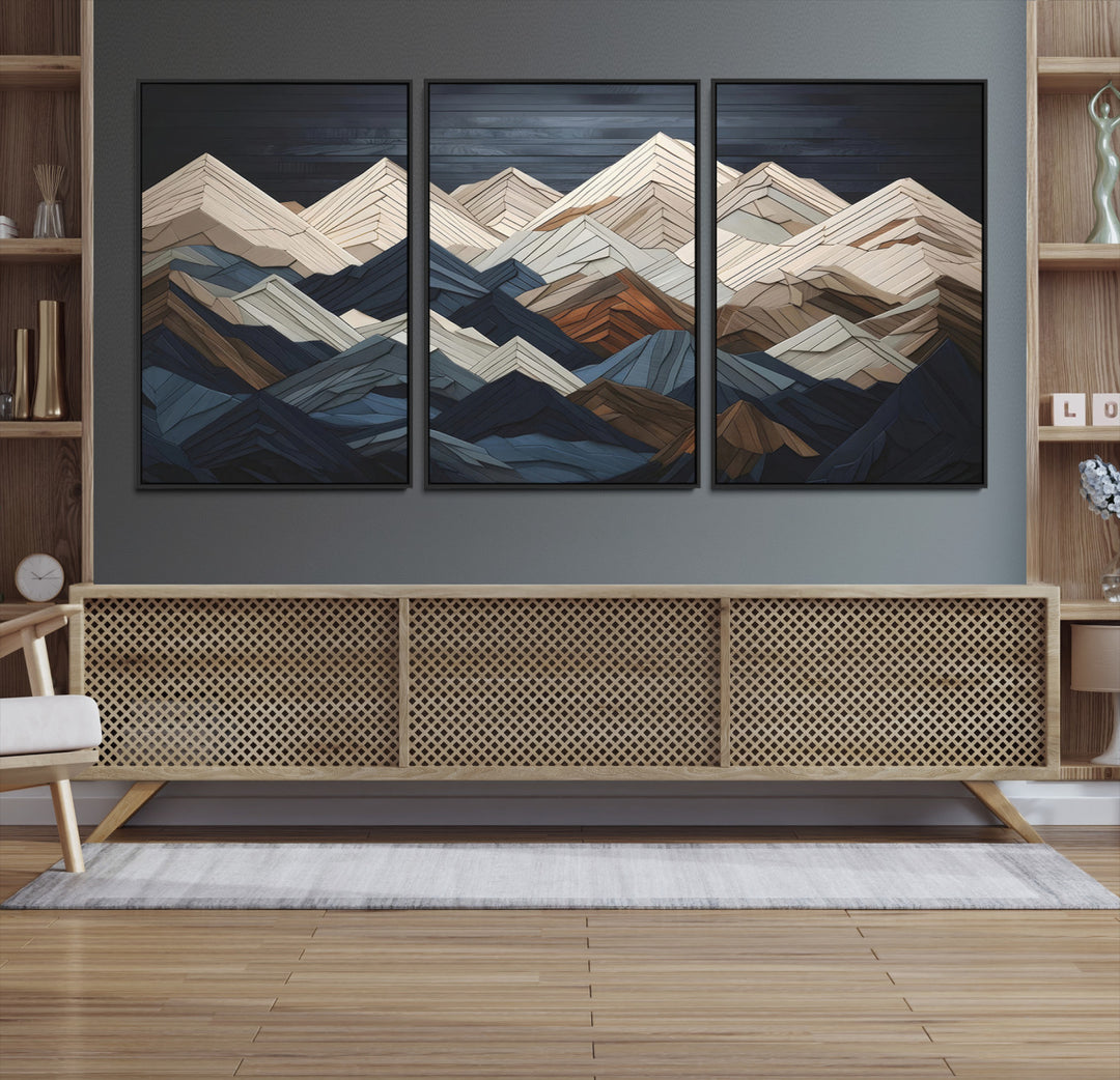 Rustic Mountain Landscape Wall Art Print - Wooden 3D Effect Mountain Canvas Print - Textured Peaks Wall Art for Cabin or Lodge Decor