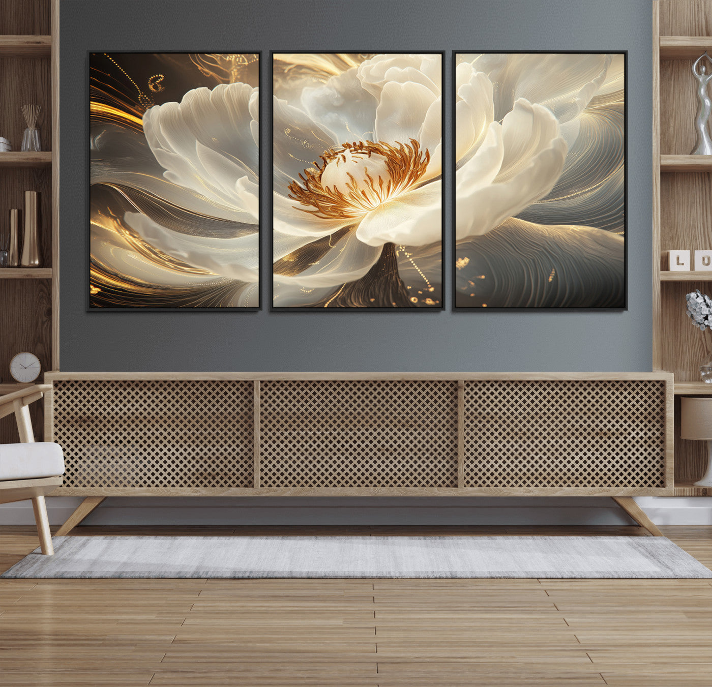 MGV-FC-60X30-3P - Gold Floral Wall Art Canvas Print, Framed Modern Flower Art Print, Golden Abstract Perfect for