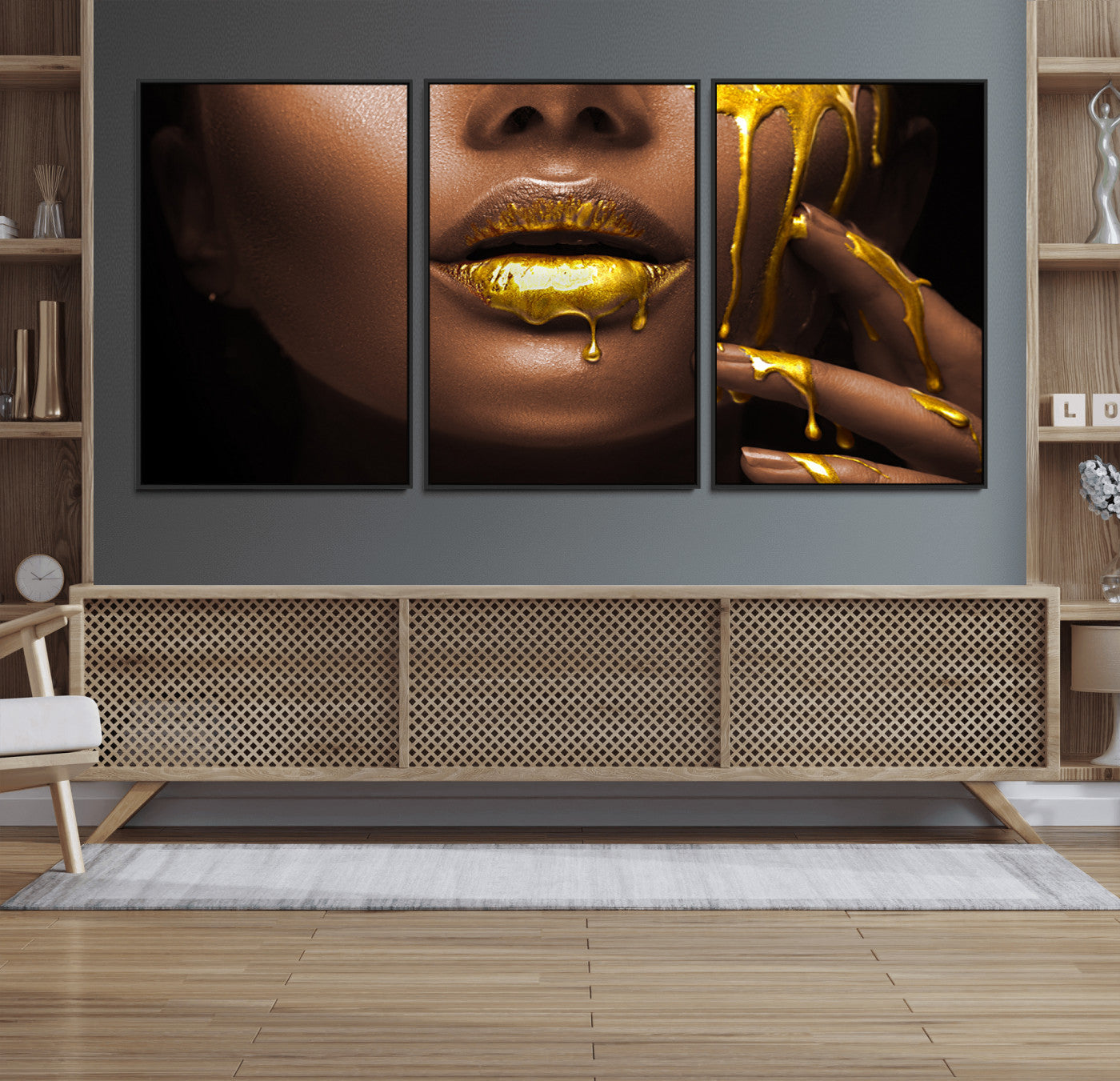 35346-MGV-FC-60X30-3P_Black-African American Art Black Woman Canvas Print, African Wall Art, Fashion African Woman Gold Lips