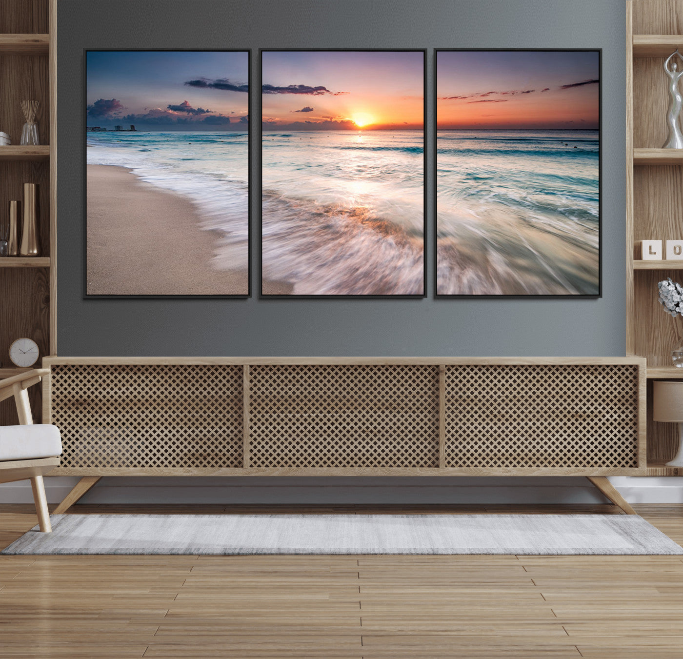 MGV-FC-60X30-3P - Sunset Beach Wall Art – Soothing Coastal Landscape, Ready to Hang for Tranquil Home Decor