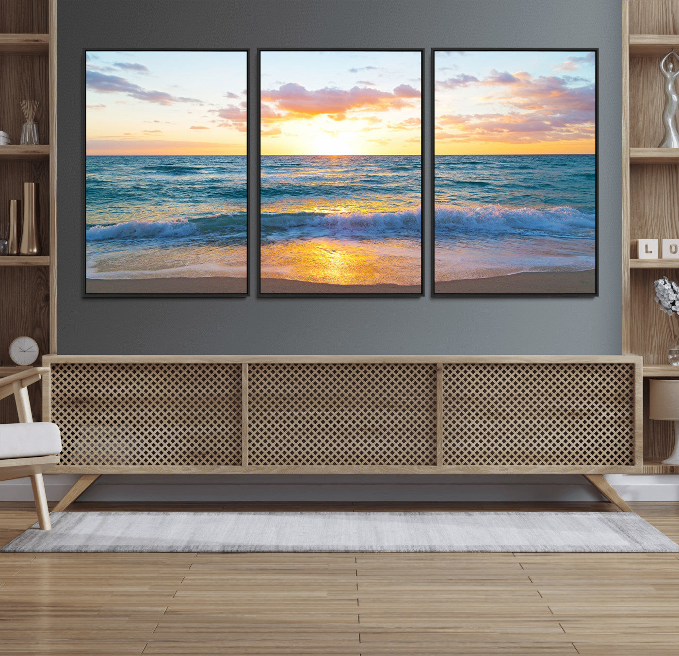 MGV-FC-60X30-3P - Golden Sunset Over Ocean Waves - Serene Coastal Triptych Wall Art for Relaxing Home Decor, Ready to