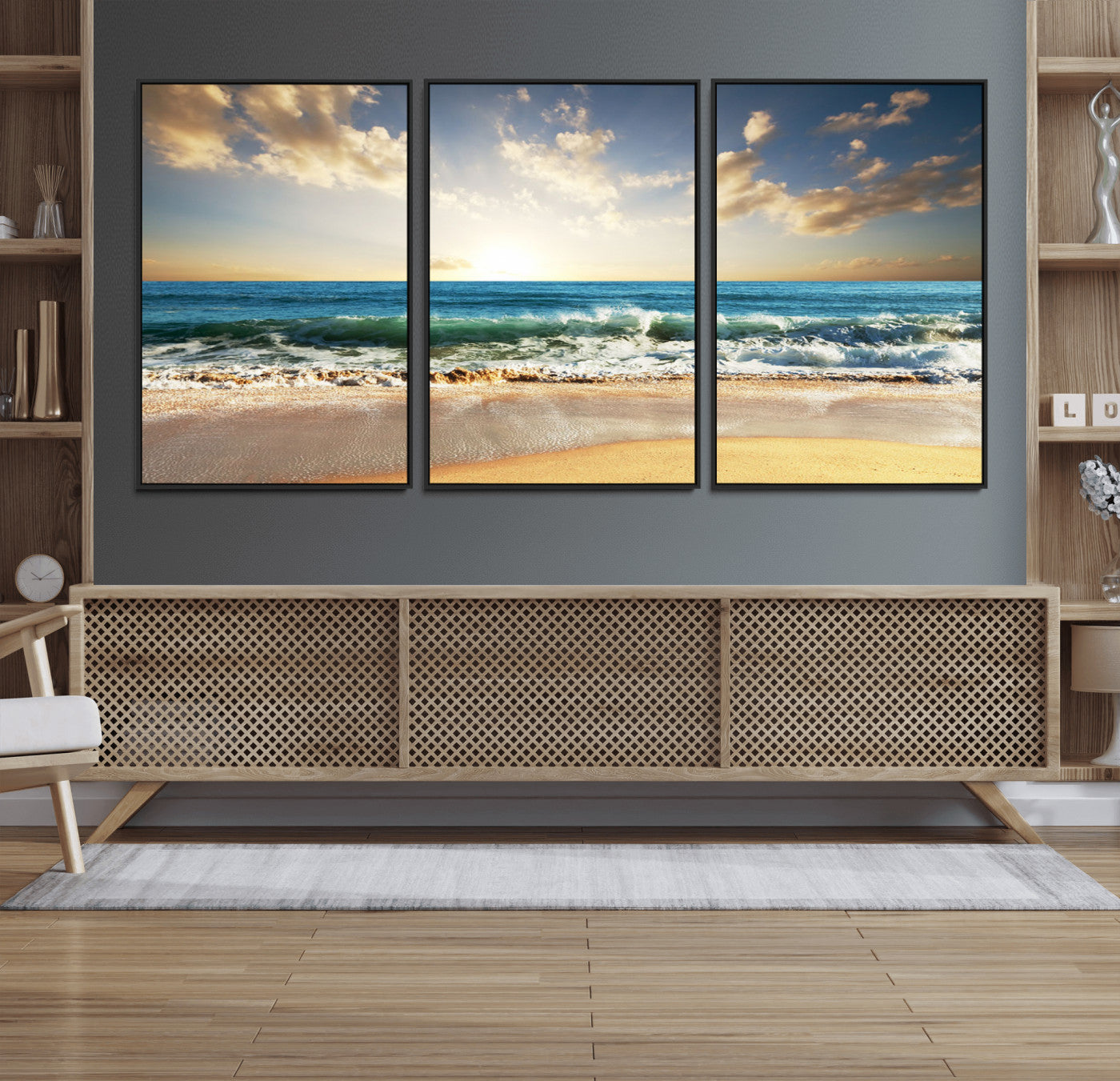 MGV-FC-60X30-3P - Golden Sunset Beach Triptych Canvas Wall Art for Living Room – 3-Panel Ocean View, Framed & Ready to