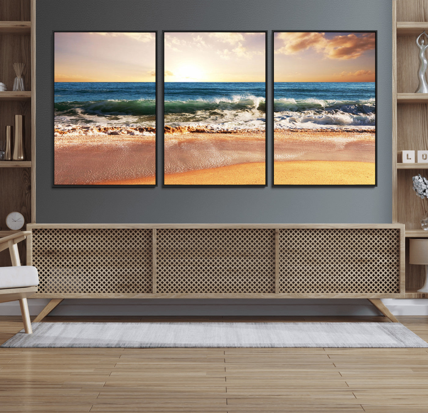 42011-MGV-FC-60X30-3P_Black-Sunset Beach Wall Art - 3-Panel Framed Canvas Print, Ready to Hang Ocean Sunset for Coastal and