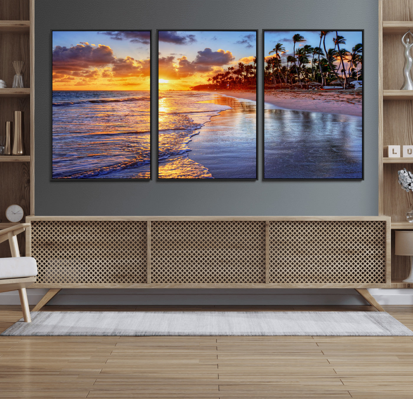32177-MGV-FC-60X30-3P_Black-Serene Beach Sunset Wall Art Canvas- Coastal Seascape Print for Living Room or Bedroom, Ocean Waves