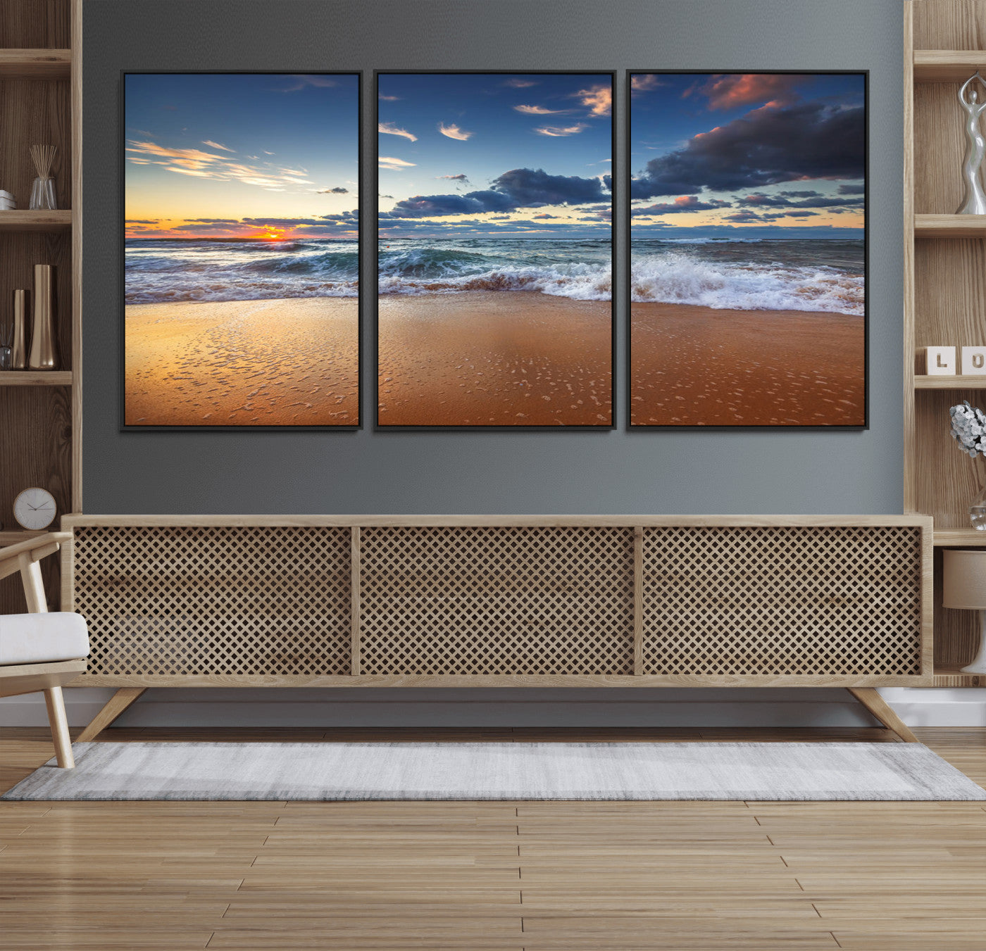 MGV-FC-60X30-3P - Beach Canvas Wall Art - Coastal Seascape Print for Living Room or Bedroom, Ocean Waves on Sand,