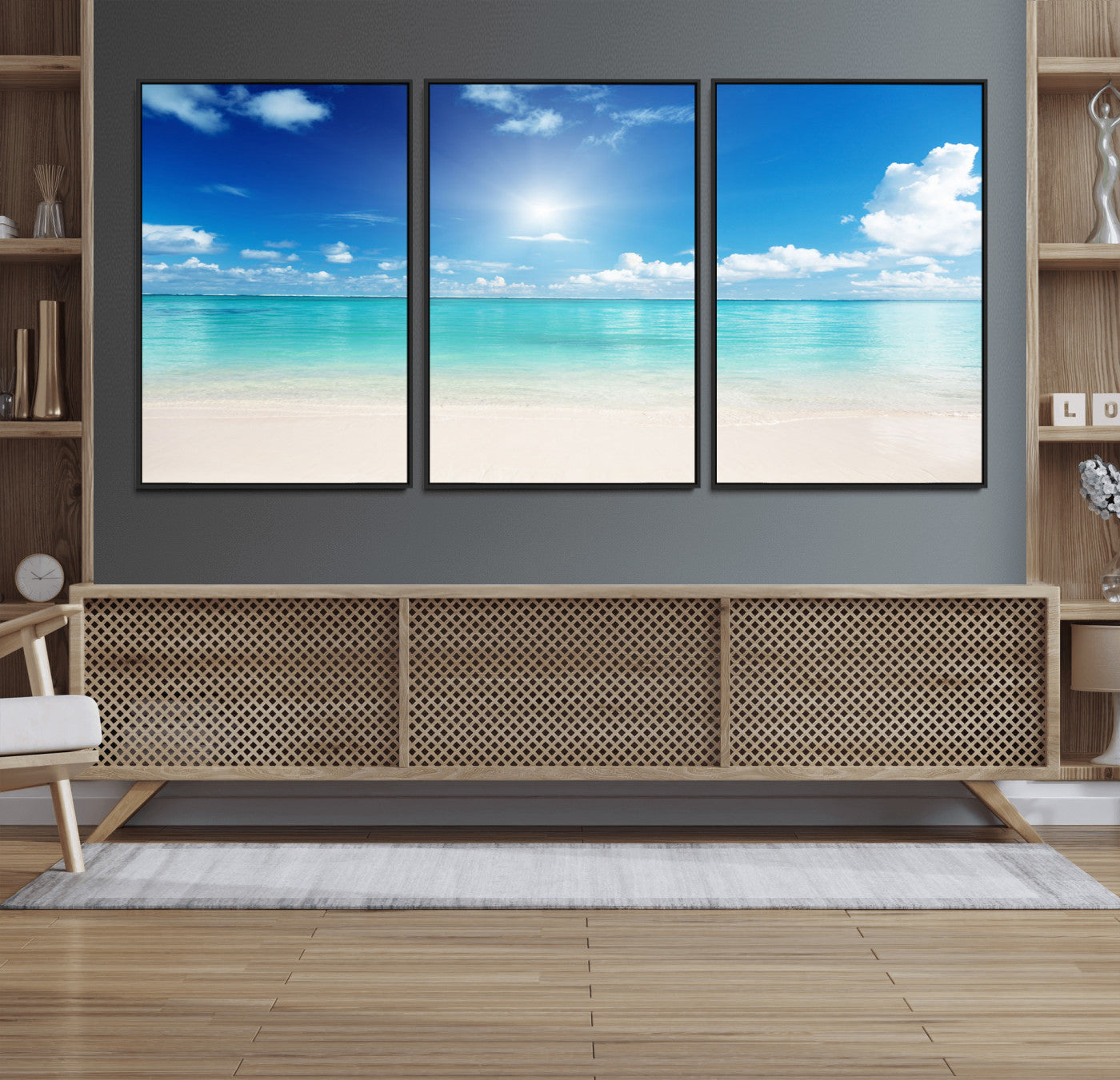 MGV-FC-60X30-3P - Blue Ocean Wall Art Canvas Print - Tranquil Ocean Paradise Triptych Wall Art - Ready to Hang Beach