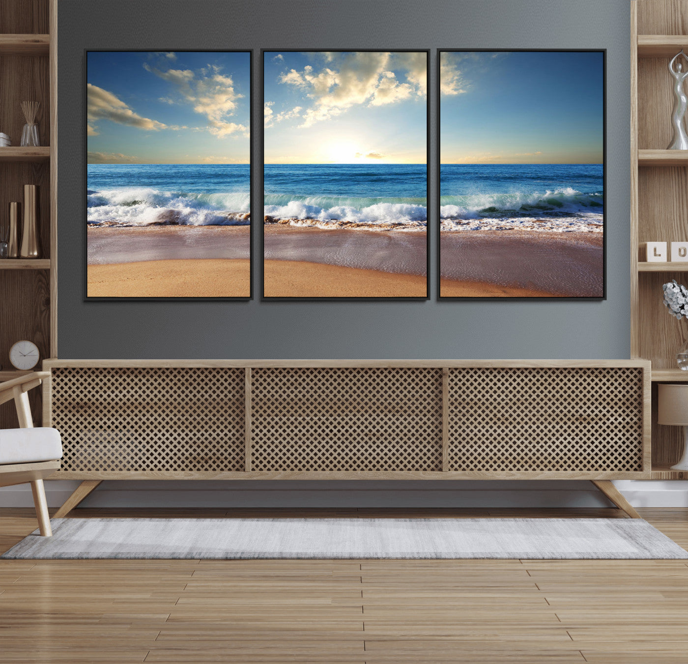 MGV-FC-60X30-3P - Serene Ocean Sunset Canvas Wall Art - Beach Waves at Sunset, Ready to Hang