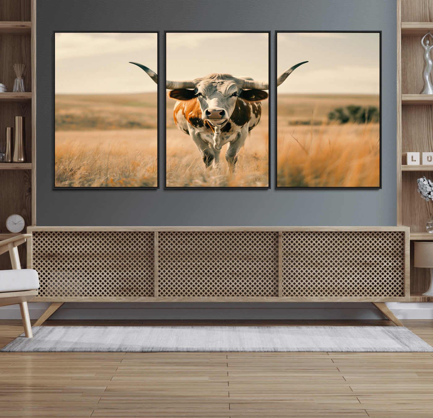 16580-MGV-FC-60X30-3P_Black-Texas Cow Wall Art Canvas Print for Farm House Wall Decor, Farmhouse Wall Art Print