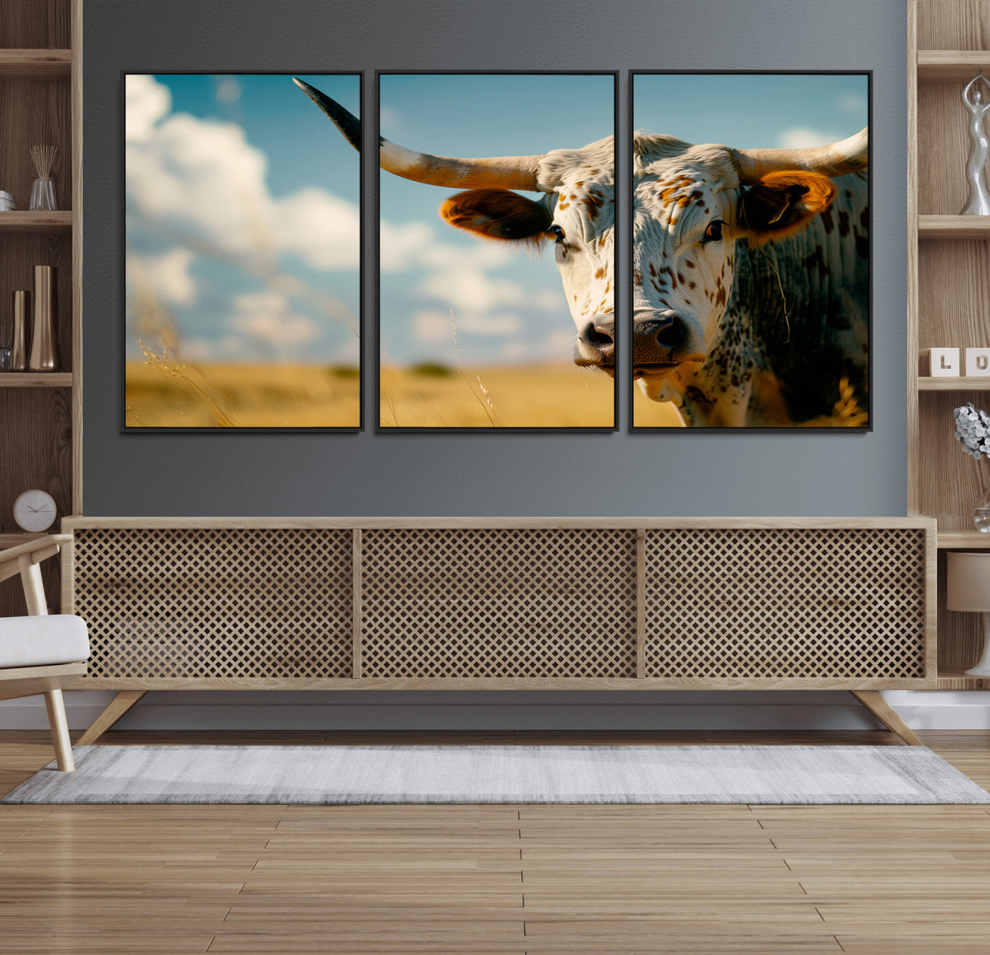 MGV-FC-60X30-3P - Longhorn in the Prairie - Stunning Ranch-Style Triptych Wall Art for Western Home Decor, Cowboy Wall