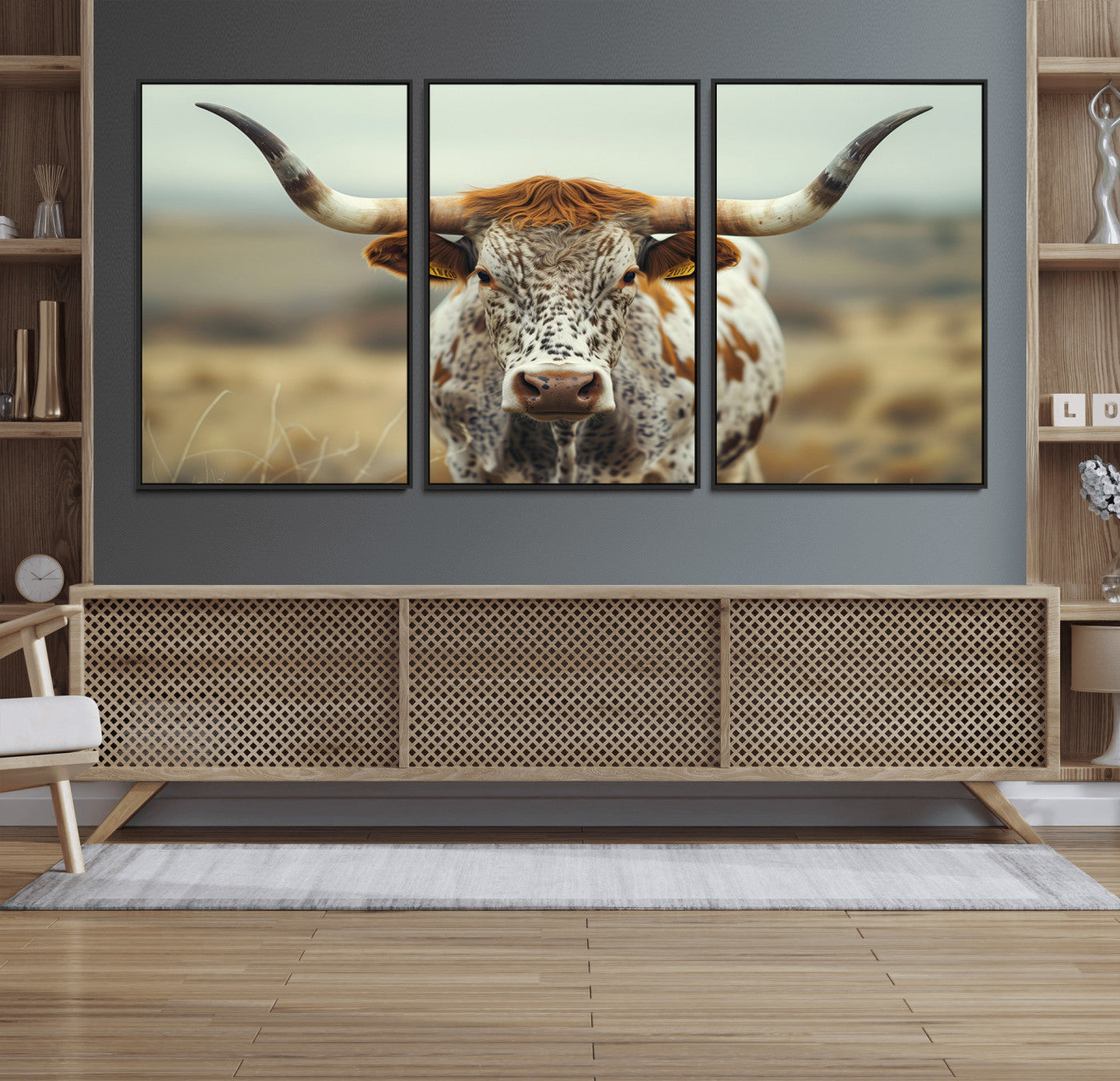 MGV-FC-60X30-3P - Texas Cow Longhorn Wall Art Canvas Print for Farm House Wall Decor, Farmhouse Wall Art Print
