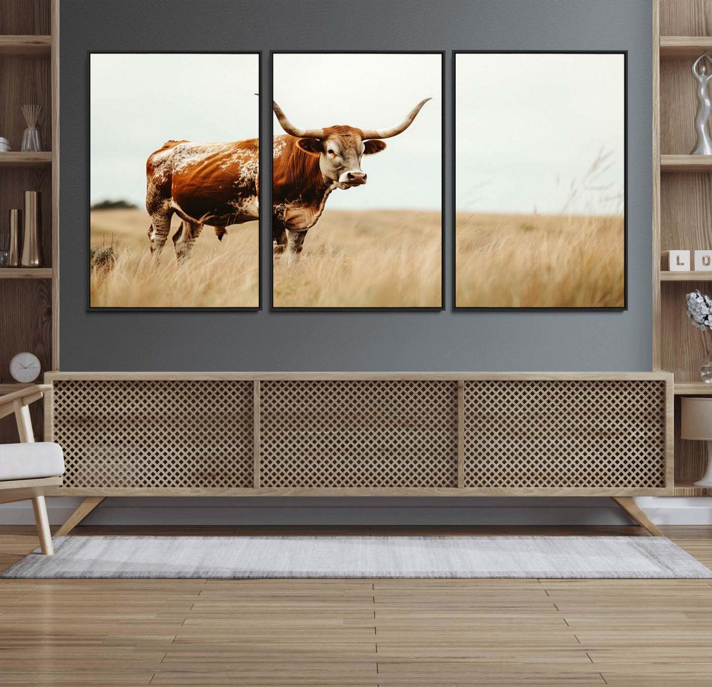 62910-MGV-FC-60X30-3P_Black-Texas Longhorn Canvas Wall Art Print – Majestic Western Cattle in Rustic Farmhouse Decor – Cow Wall