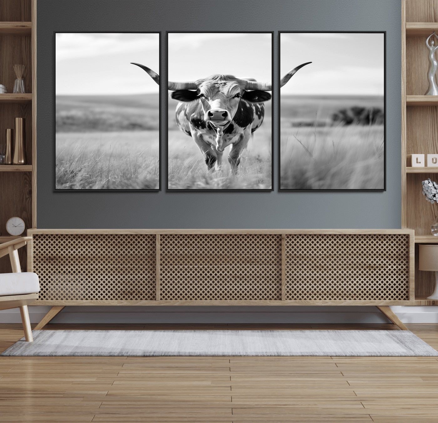 24487-MGV-FC-60X30-3P_Black-Texas Cow Longhorn Wall Art Canvas Print for Farm House Wall Decor, Farmhouse Wall Art Print