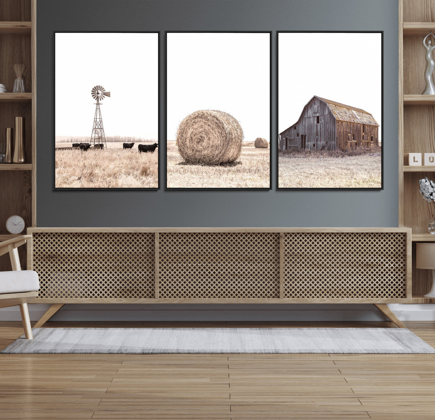 MGV-FC-60X30-3P - Rustic Farmhouse Wall Art Set of 3 – Country Barn and Wheat Field | Farm Prints for Country Home and