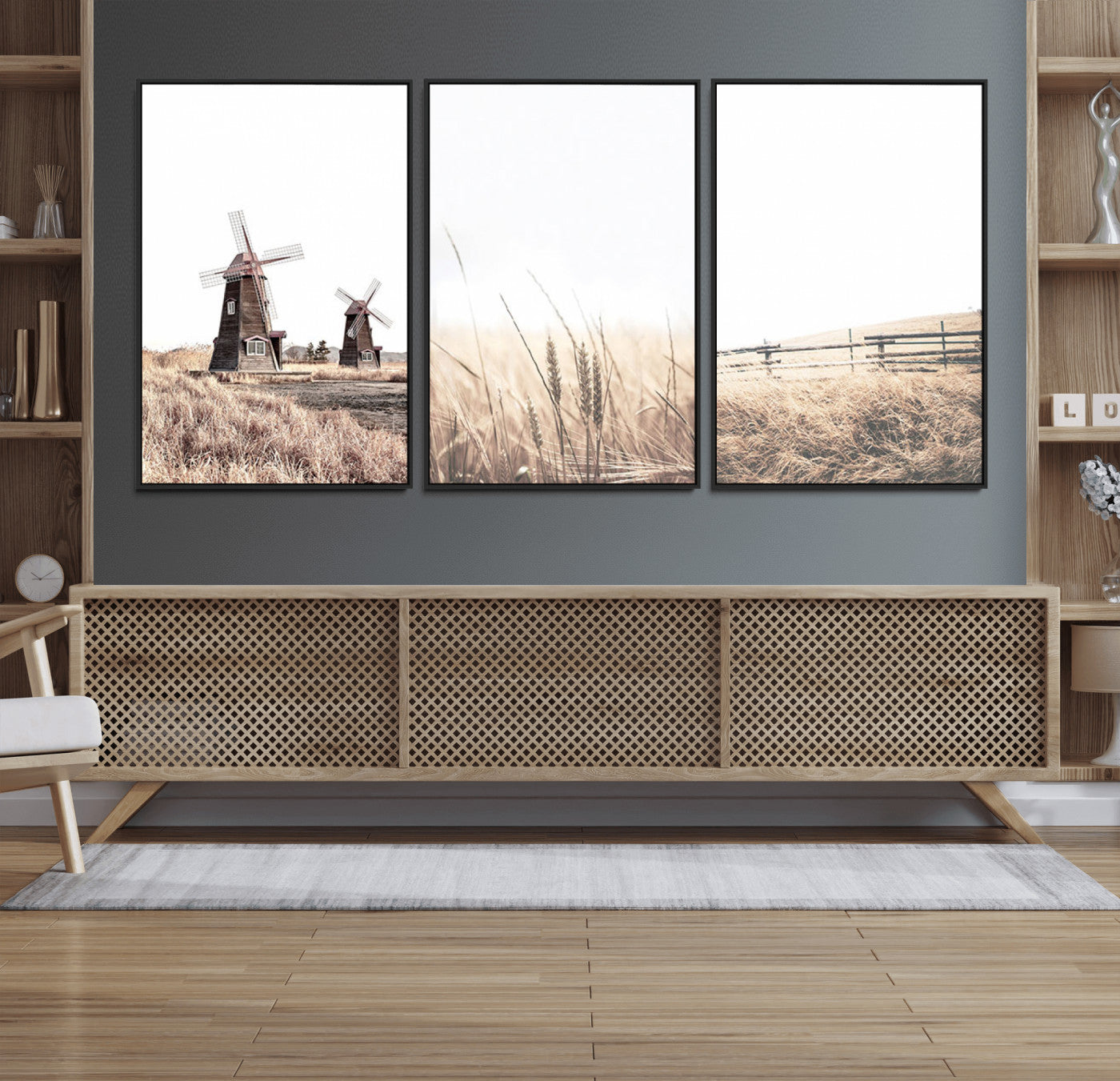 56649-MGV-CV-60X30-3P-Farm Prints Set, Farmhouse Wall Art Canvas, Country House Decor, Country House Decor, Barn Print, Wheat Print