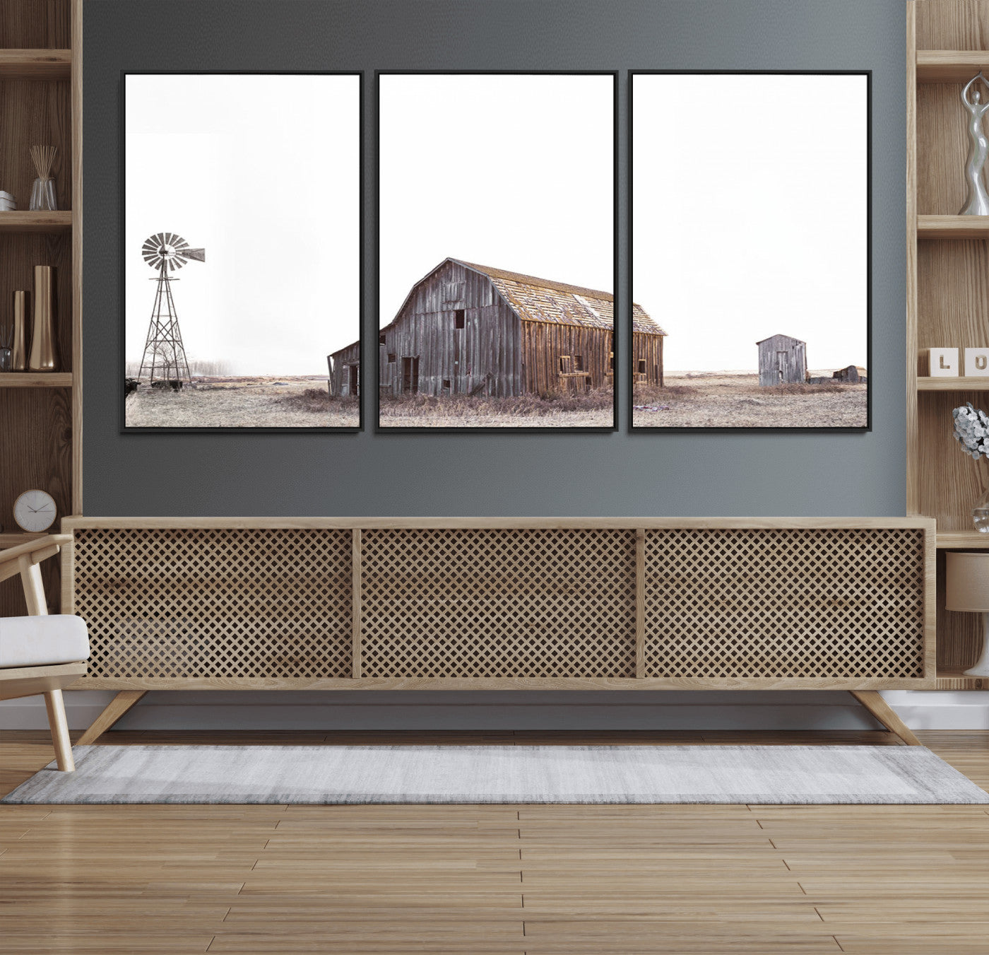 64560-MGV-FC-60X30-3P_Black-Set of 3 Rustic Farmhouse Wall Art Prints – Country Barn, Wheat Field, and Farm Landscape for Cozy