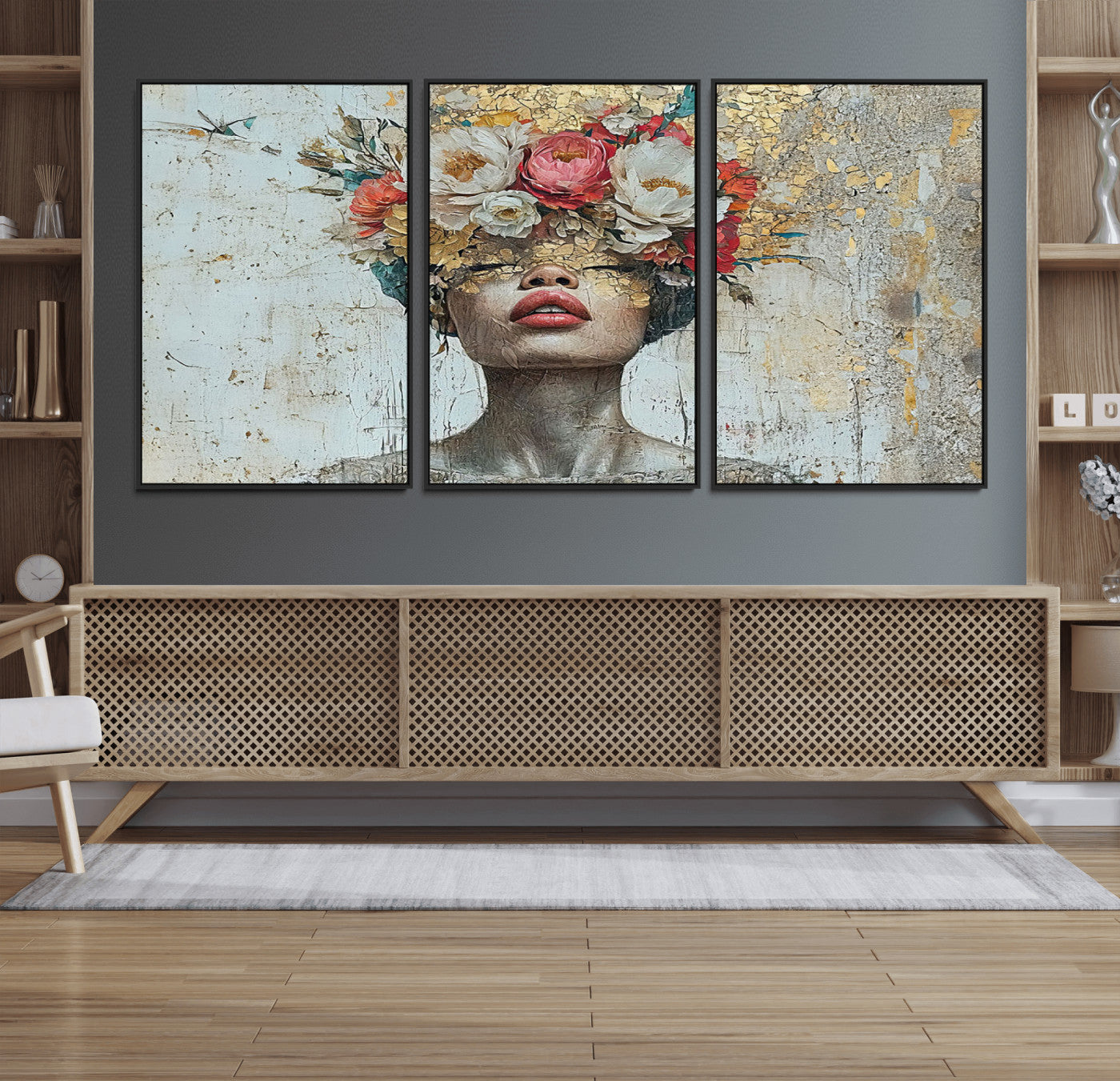26919-MGV-FC-60X30-3P_Black-Golden Petal Wall Art Canvas Print - Silhouette Woman Wall Art Canvas Print, Floral Woman Portrait