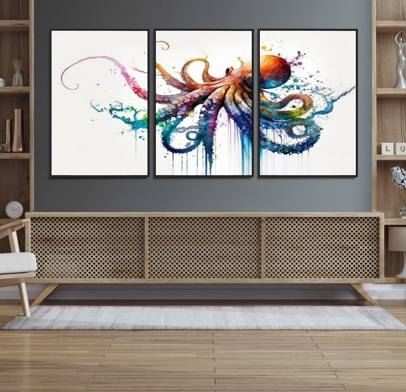 19374-MGV-FC-60X30-3P_Black-Watercolor Vibrant Octopus Wall Art Canvas Print | Abstract Sea Life Art | Colorful Marine Creature