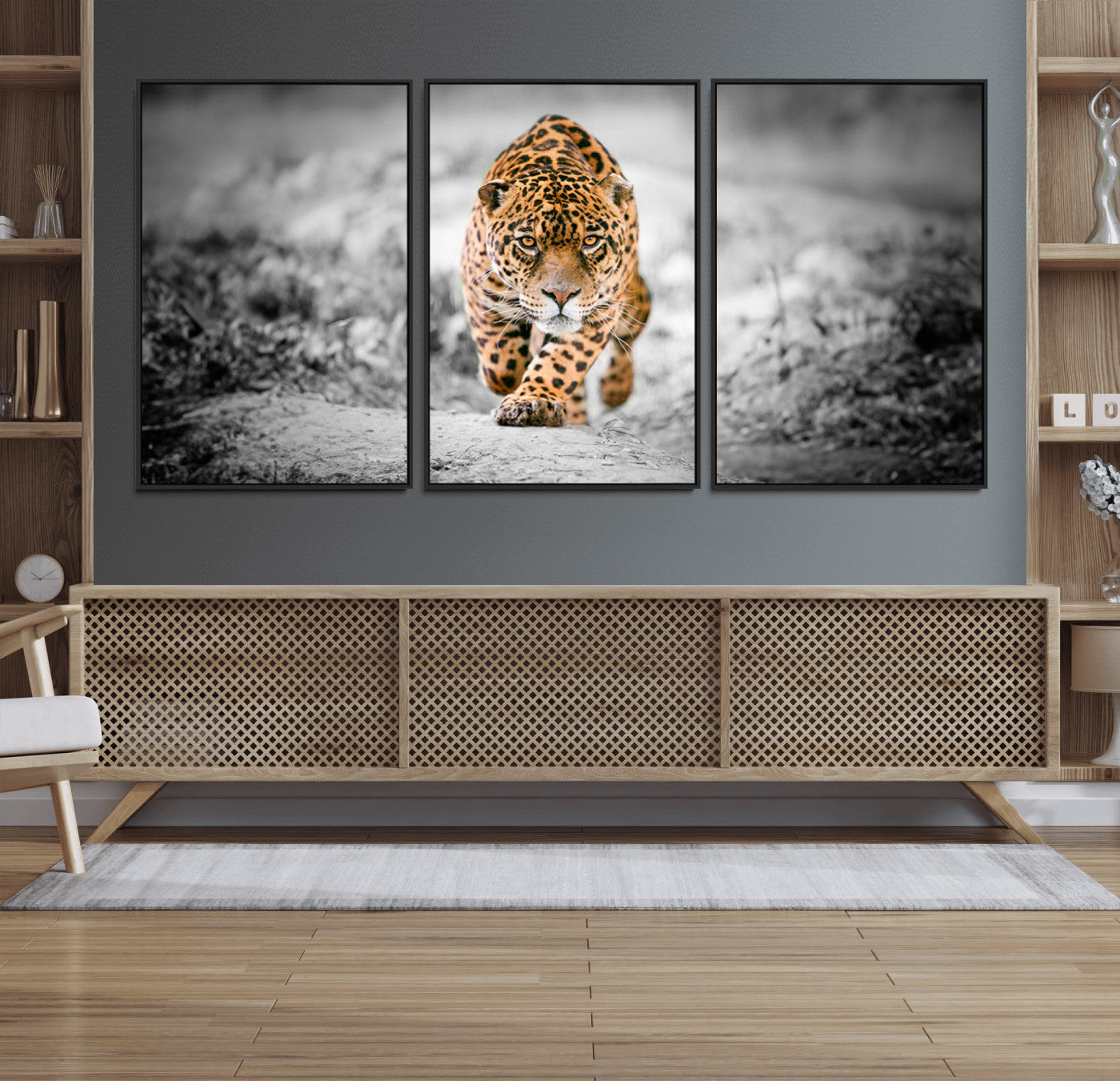 MGV-FC-60X30-3P - Jaguar Wall Art Canvas Print - Majestic Big Cat in Focused Pursuit - Ready to Hang