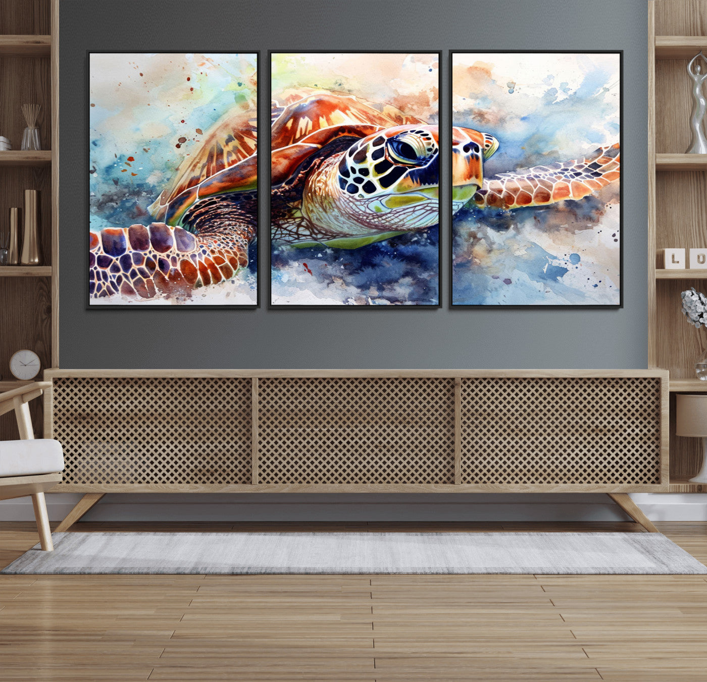 MGV-FC-60X30-3P - Watercolor Sea Turtle Wall Art Canvas Print - Vibrant Ocean Colors in Watercolor Style - Ready to