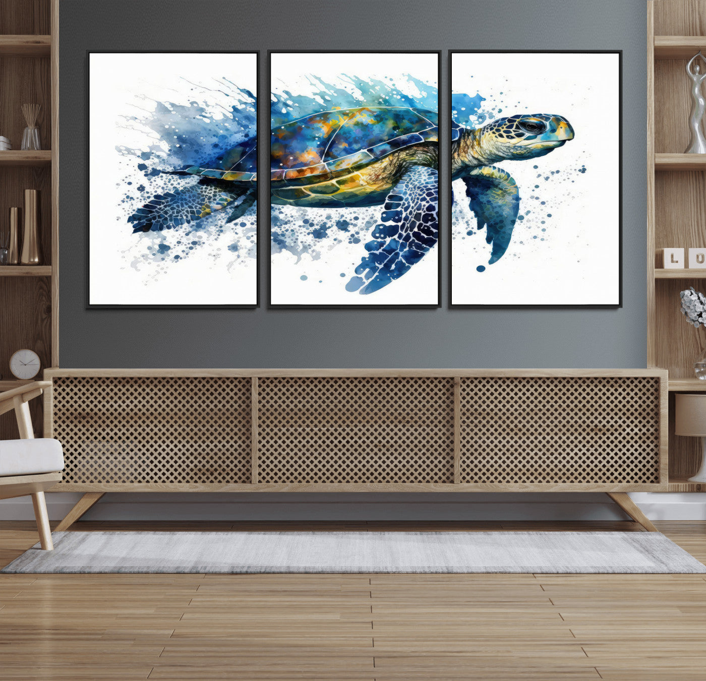 MGV-FC-60X30-3P - Turtle Wall Art Canvas Print, Framed Watercolor Turtle Art Picture Print, Ocean Life Perfect Nautical Decor Artwork