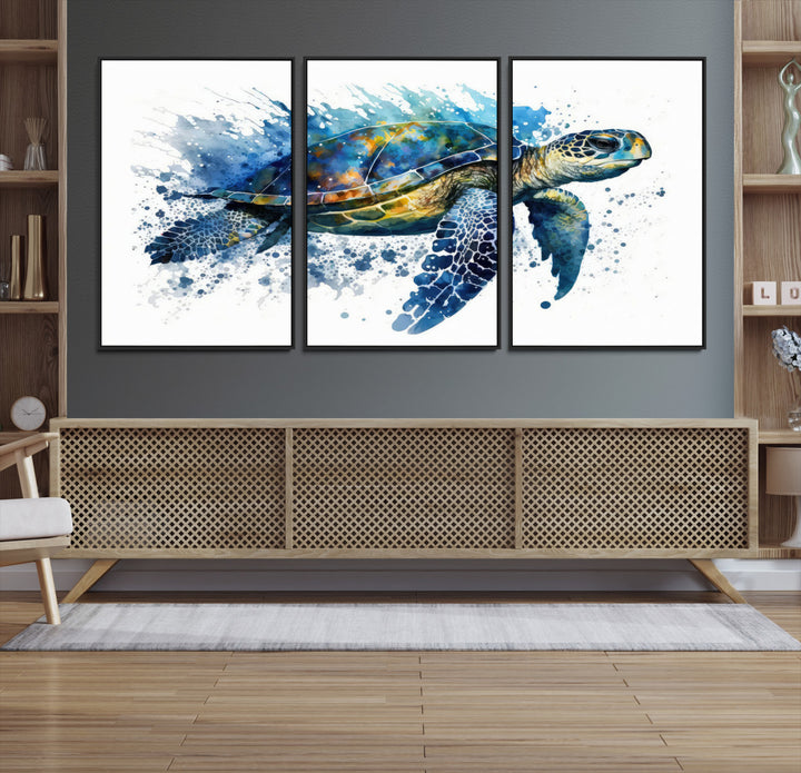 The Turtle Wall Art Print, featuring blue splashes, beautifully showcases Ocean Life.