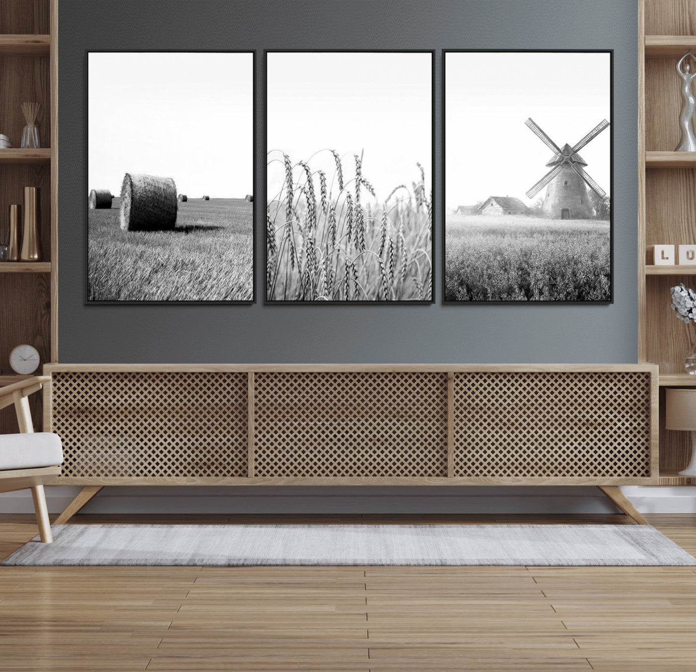 MGV-FC-60X30-3P - Vintage Farmhouse Black and White Triptych Wall Art – Giclee Canvas Featuring Wheat Fields, Hay
