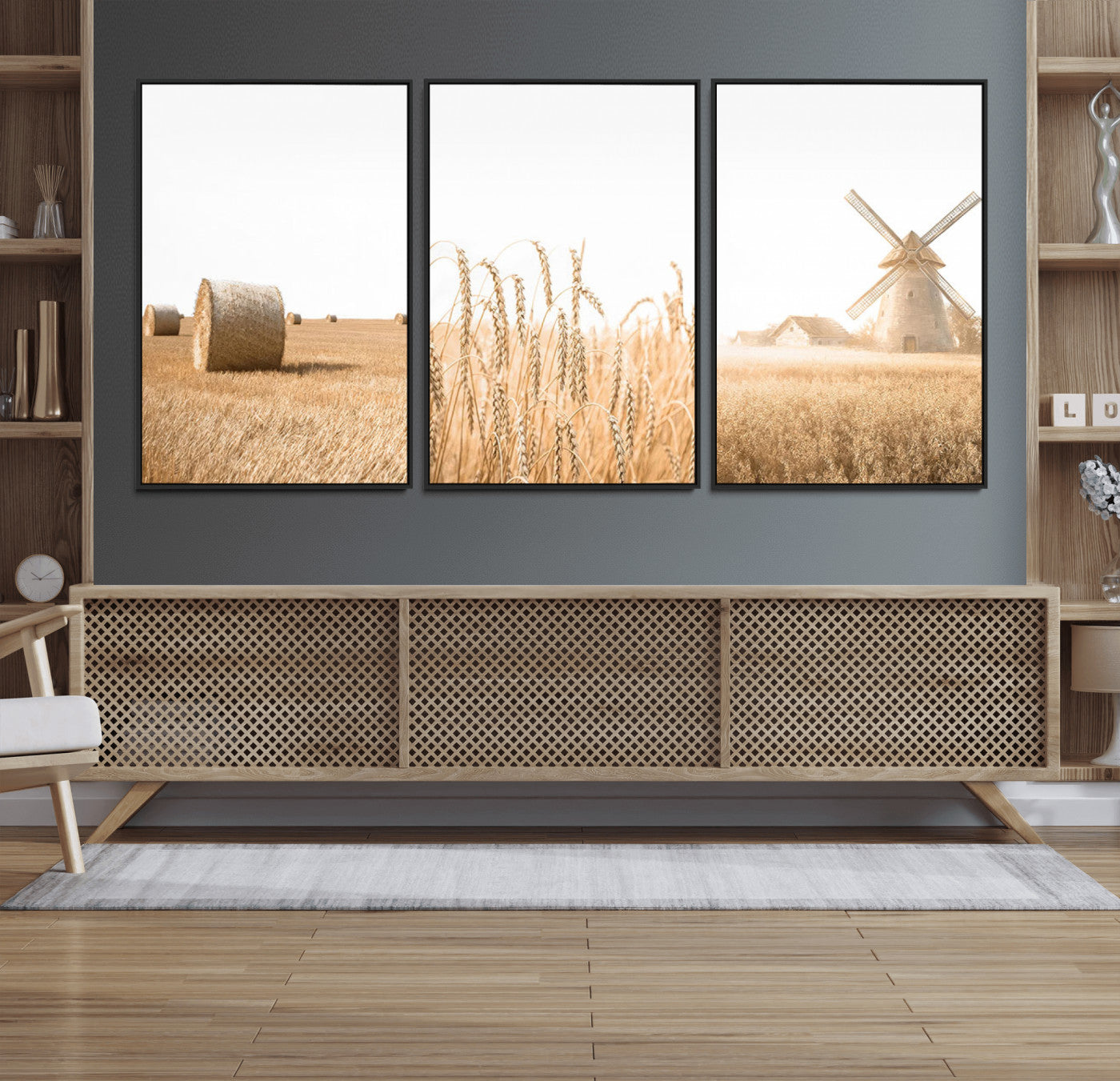 88780-MGV-FC-60X30-3P_Black-Vintage Farmhouse Triptych Wall Art – Giclée Canvas Featuring Wheat Fields, Hay Bales, and a