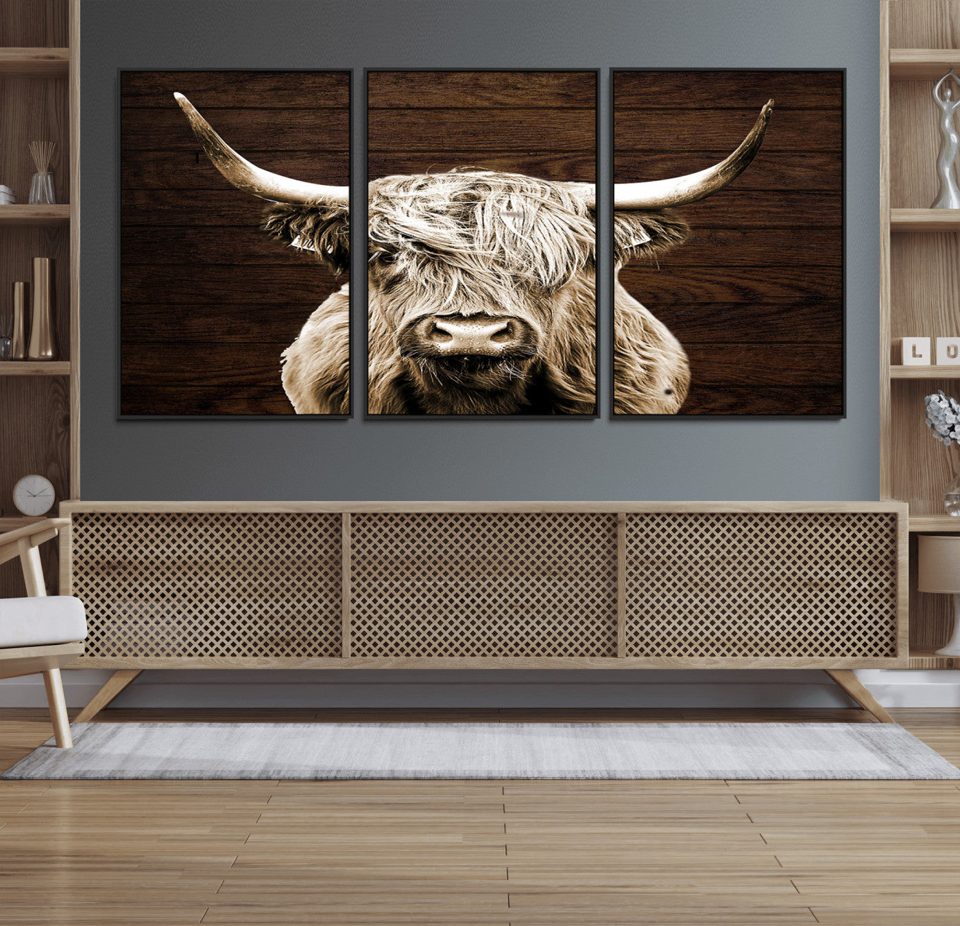 MGV-FC-60X30-3P - Highland Cow Wall Art Canvas Print, Rustic Farmhouse Decor, Majestic Scottish Highland Bull Portrait