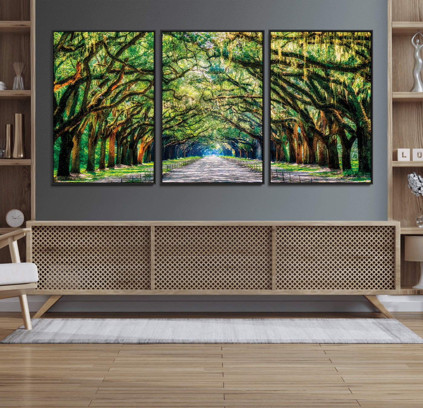 MGV-FC-60X30-3P - Serene Tree Tunnel Wall Art Canvas Print – Pathway Under Canopy of Lush Green Trees, Nature-Inspired