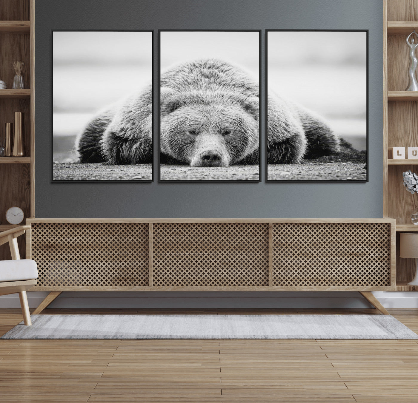 72905-MGV-FC-60X30-3P_Black-Resting Grizzly Bear Wall Art Canvas Print – Majestic Lazy Black and White Wildlife Bear Art,